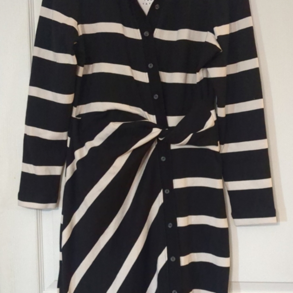 Tanya Taylor Black and Cream Striped Long Sleeve Dress - Picture 3 of 6